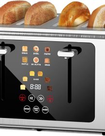4 Slice Toaster, Touchscreen & Dual Independent Control Panel，5 Basic Functions & Digital Countdown Toasters, 6 Shade Settings＆6 Bread Types, Smart Bread Maker Mute/Screen-Off,Brushed steel