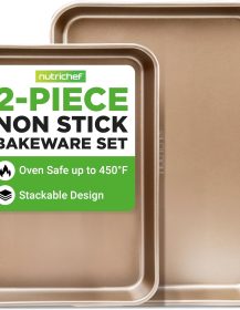 NutriChef 2 Piece Cookie Sheets for Baking, Nonstick Carbon Steel Baking Sheets - Durable, Thick, and Wrap Resistance, Easy to clean, Dishwasher & Oven Safe up to 450F